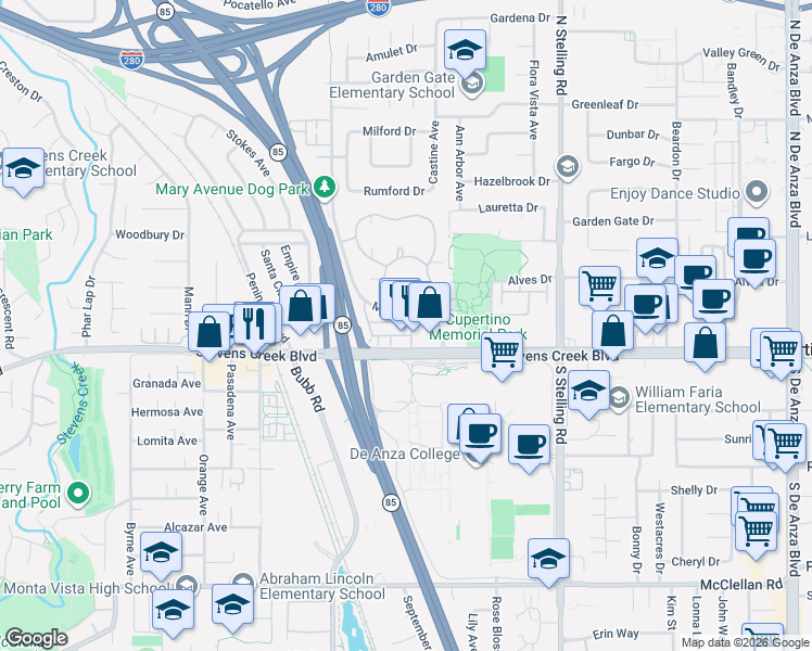 map of restaurants, bars, coffee shops, grocery stores, and more near 21302 Dana Point Lane in Cupertino