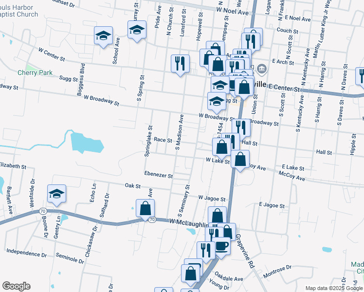 map of restaurants, bars, coffee shops, grocery stores, and more near 246 West Lake Street in Madisonville