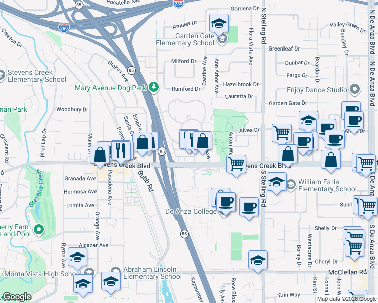 map of restaurants, bars, coffee shops, grocery stores, and more near 21308 Dana Point Lane in Cupertino