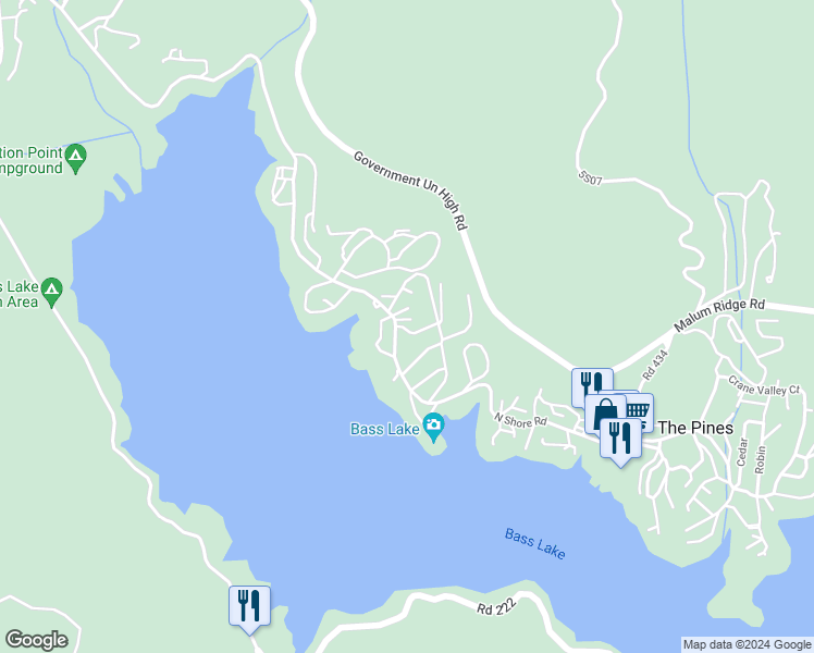 map of restaurants, bars, coffee shops, grocery stores, and more near 39550 Saunders in Bass Lake