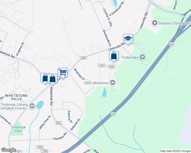 map of restaurants, bars, coffee shops, grocery stores, and more near 221 Deer Creek Drive in Lynchburg