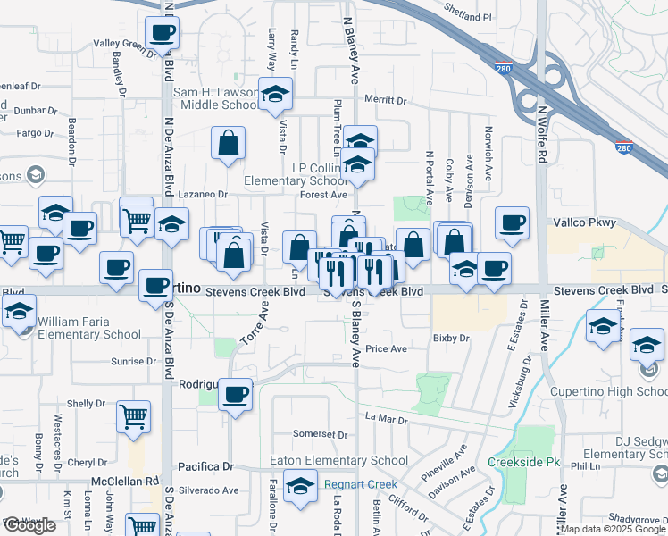 map of restaurants, bars, coffee shops, grocery stores, and more near 20094 Wheaton Drive in Cupertino