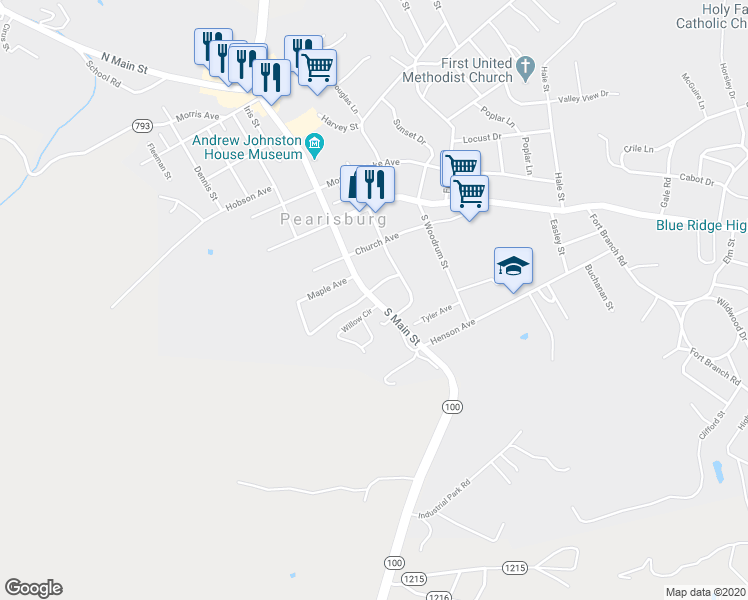 map of restaurants, bars, coffee shops, grocery stores, and more near 460 Virginia 100 in Pearisburg