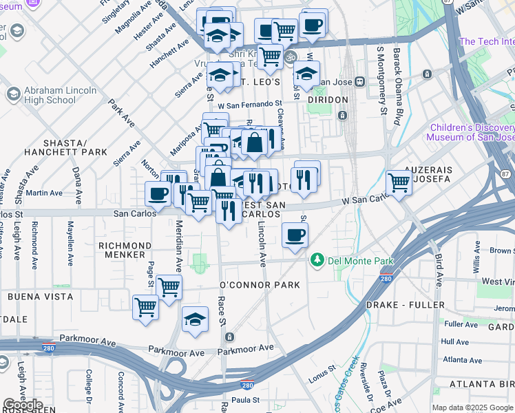 map of restaurants, bars, coffee shops, grocery stores, and more near 1105 West San Carlos Street in San Jose