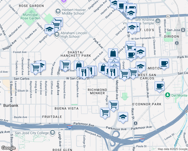 map of restaurants, bars, coffee shops, grocery stores, and more near 58 North Willard Avenue in San Jose