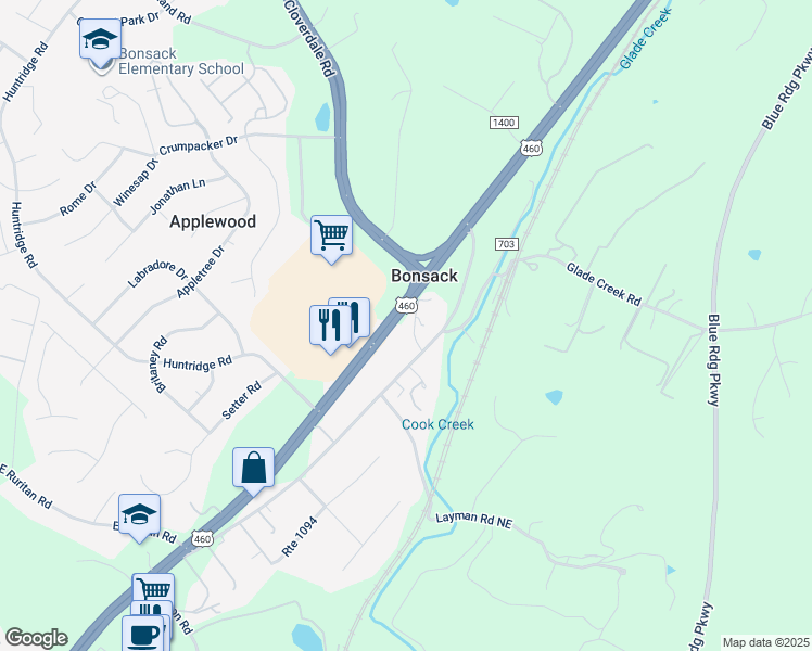 map of restaurants, bars, coffee shops, grocery stores, and more near 4620 Cook Creek Road in Roanoke