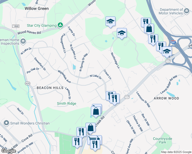 map of restaurants, bars, coffee shops, grocery stores, and more near 5106 North Lake Drive in Roanoke