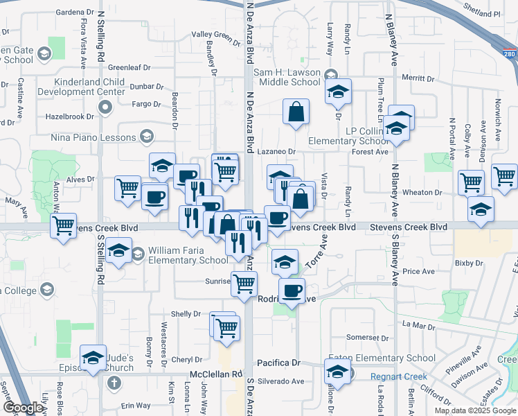 map of restaurants, bars, coffee shops, grocery stores, and more near 10120 North De Anza Boulevard in Cupertino