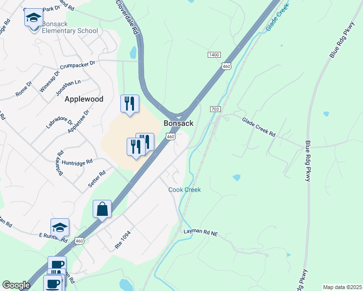 map of restaurants, bars, coffee shops, grocery stores, and more near 4637 Cook Creek Road in Roanoke