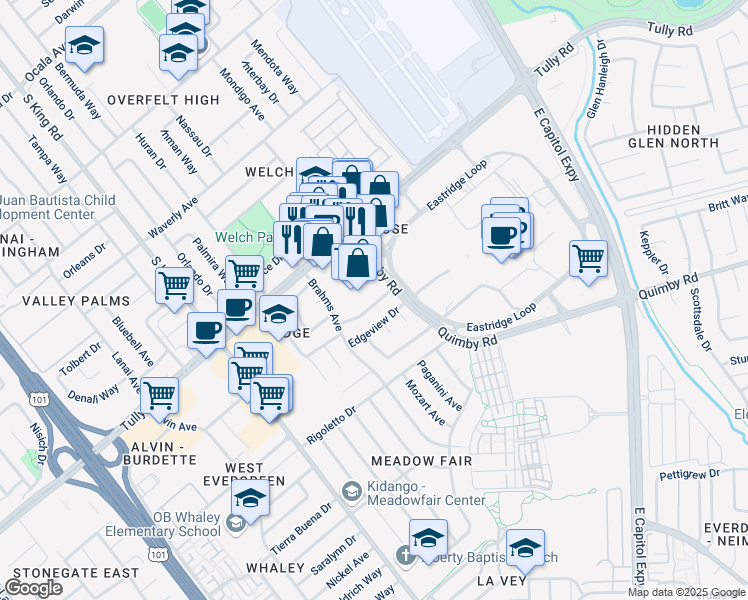 map of restaurants, bars, coffee shops, grocery stores, and more near 1988 Tully Road in San Jose
