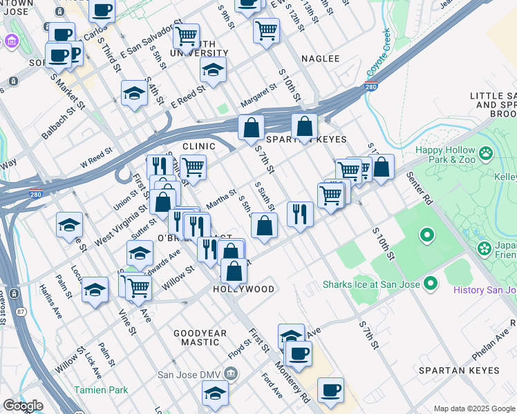 map of restaurants, bars, coffee shops, grocery stores, and more near 2103 South 6th Street in San Jose