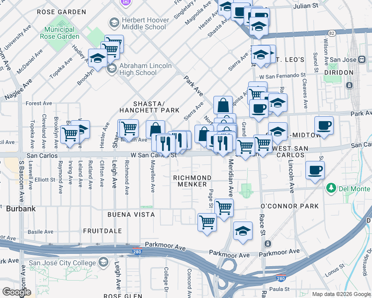 map of restaurants, bars, coffee shops, grocery stores, and more near 58 North Willard Avenue in San Jose