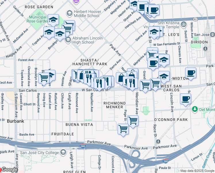 map of restaurants, bars, coffee shops, grocery stores, and more near 110 North Buena Vista Avenue in San Jose