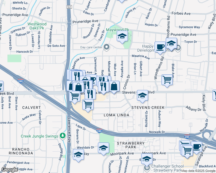 map of restaurants, bars, coffee shops, grocery stores, and more near 55 Rodonovan Drive in Santa Clara