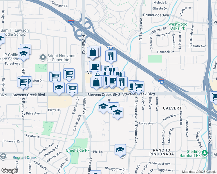 map of restaurants, bars, coffee shops, grocery stores, and more near 19429 Stevens Creek Boulevard in Cupertino