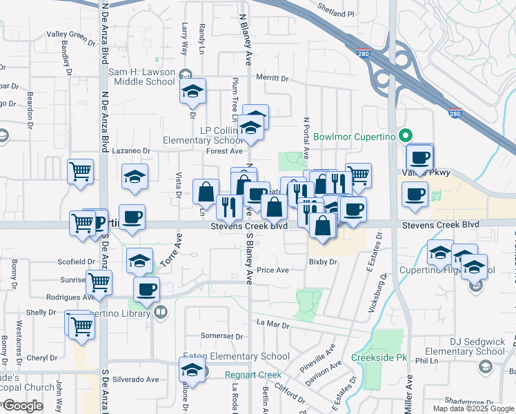 map of restaurants, bars, coffee shops, grocery stores, and more near 19934 Wheaton Drive in Cupertino