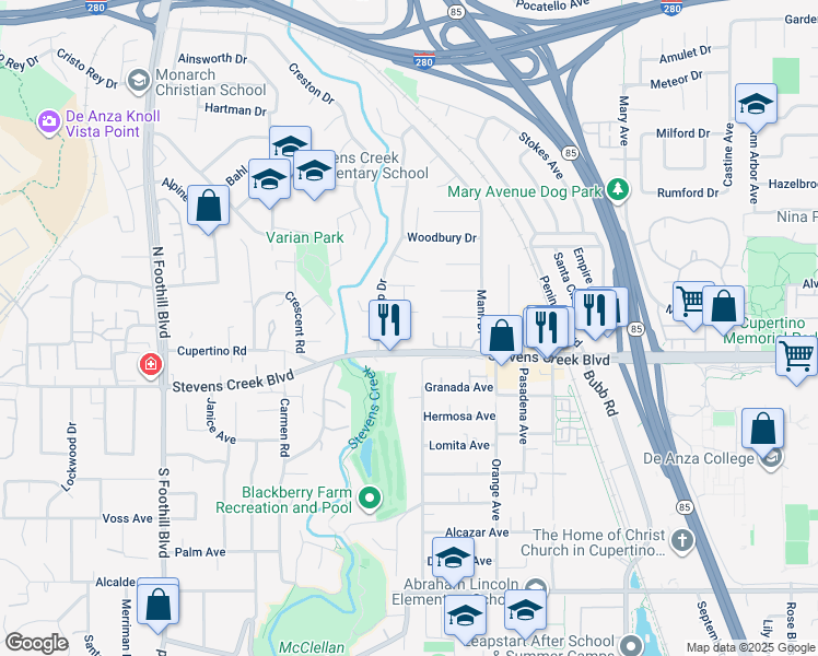 map of restaurants, bars, coffee shops, grocery stores, and more near 10089 Oakleaf Place in Cupertino