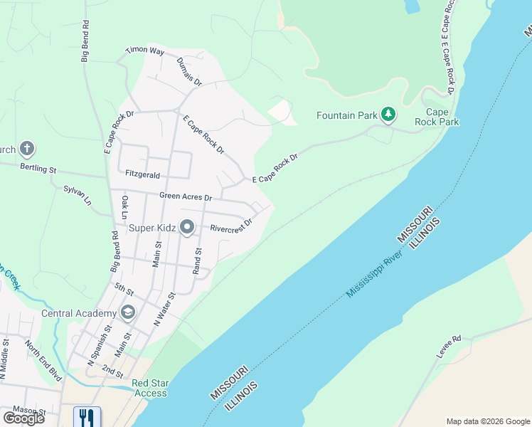 map of restaurants, bars, coffee shops, grocery stores, and more near 6 Rivercrest Drive in Cape Girardeau