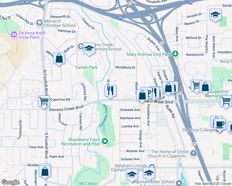 map of restaurants, bars, coffee shops, grocery stores, and more near 10089 Oakleaf Place in Cupertino