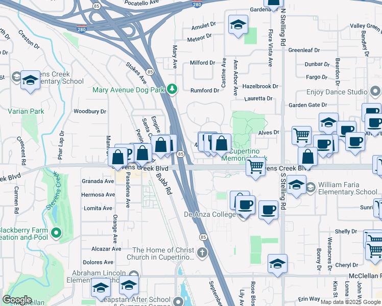 map of restaurants, bars, coffee shops, grocery stores, and more near 21541 Point Reyes Terrace in Cupertino