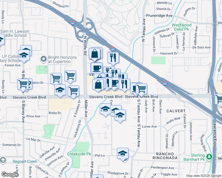 map of restaurants, bars, coffee shops, grocery stores, and more near 19429 Stevens Creek Boulevard in Cupertino