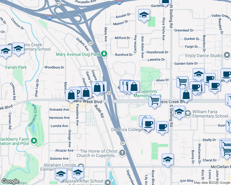 map of restaurants, bars, coffee shops, grocery stores, and more near 21541 Point Reyes Terrace in Cupertino