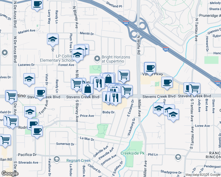 map of restaurants, bars, coffee shops, grocery stores, and more near 19767 Wheaton Drive in Cupertino