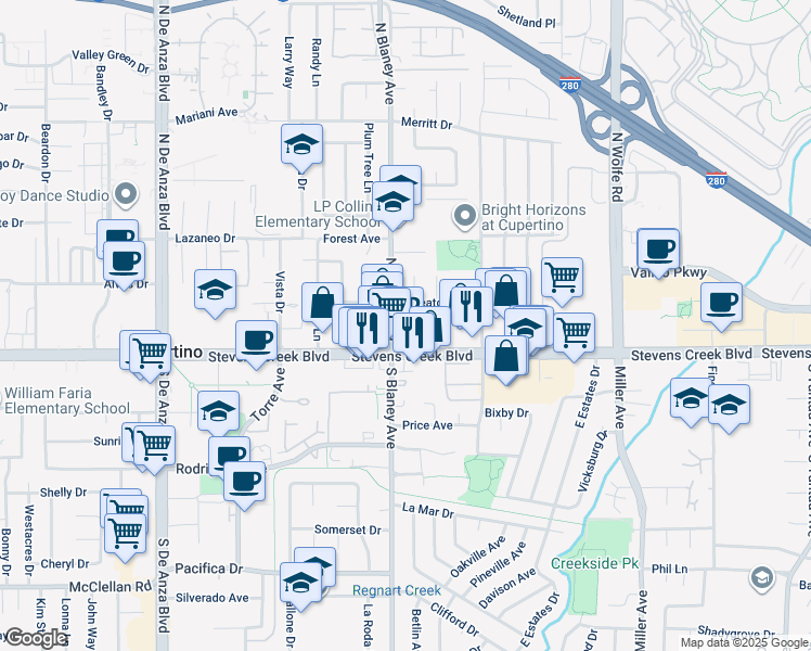 map of restaurants, bars, coffee shops, grocery stores, and more near 19999 Stevens Creek Boulevard in Cupertino