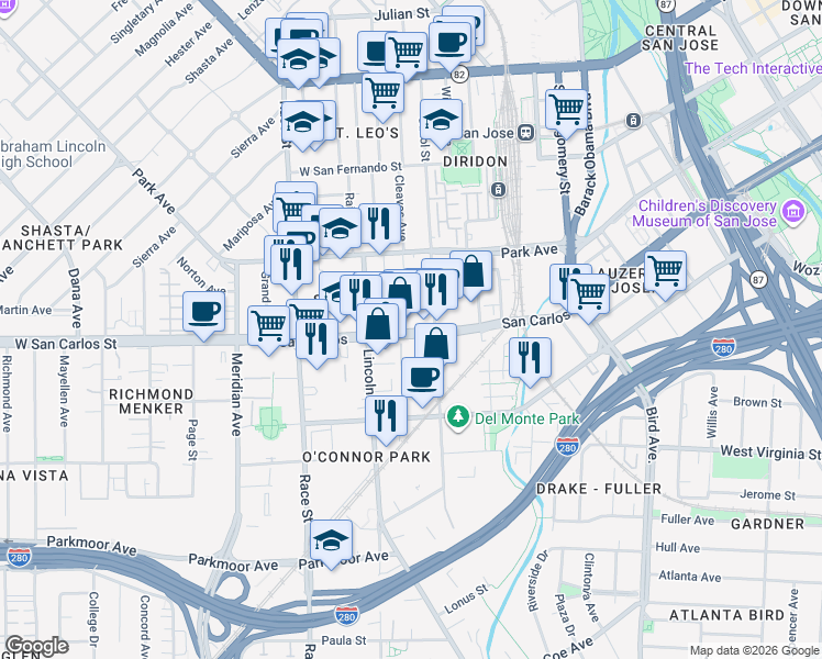 map of restaurants, bars, coffee shops, grocery stores, and more near in San Jose