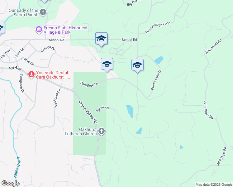 map of restaurants, bars, coffee shops, grocery stores, and more near Hangtree Court in Oakhurst