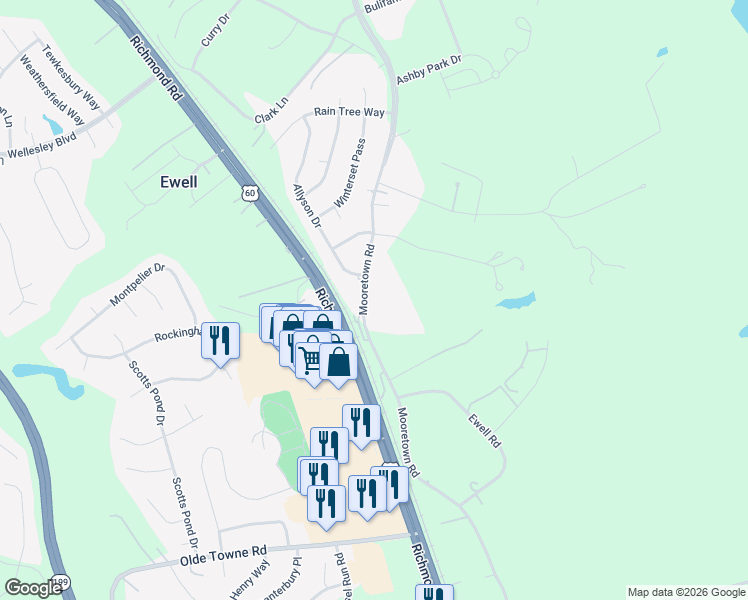 map of restaurants, bars, coffee shops, grocery stores, and more near 6054 Mooretown Road in Williamsburg