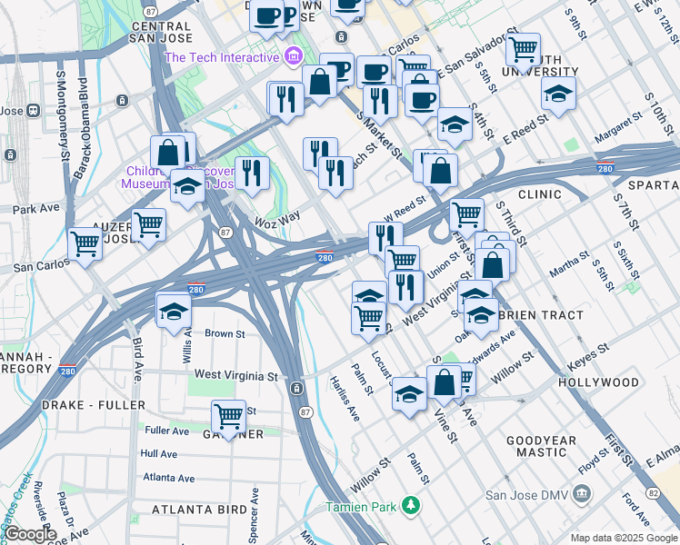 map of restaurants, bars, coffee shops, grocery stores, and more near Grant Street in San Jose