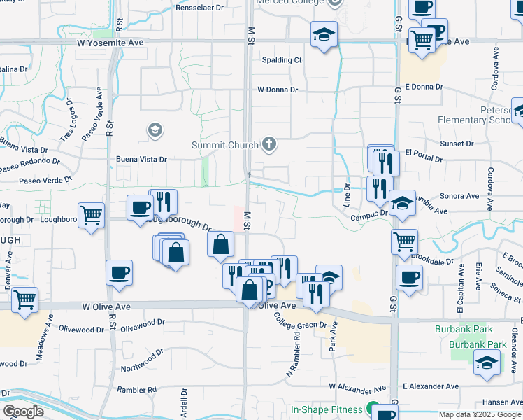 map of restaurants, bars, coffee shops, grocery stores, and more near 3306 M Street in Merced