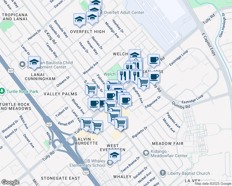 map of restaurants, bars, coffee shops, grocery stores, and more near 1905 Tully Road in San Jose