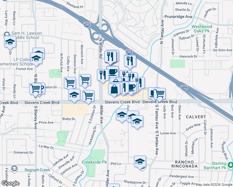 map of restaurants, bars, coffee shops, grocery stores, and more near 19503 Stevens Creek Boulevard in Cupertino