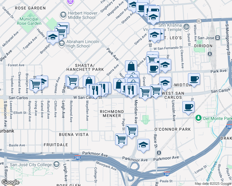 map of restaurants, bars, coffee shops, grocery stores, and more near Muller Place in San Jose