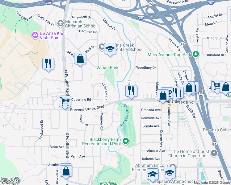 map of restaurants, bars, coffee shops, grocery stores, and more near 10108 Crescent Court in Cupertino
