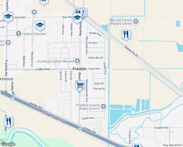 map of restaurants, bars, coffee shops, grocery stores, and more near 2457 Shoemaker Avenue in Merced