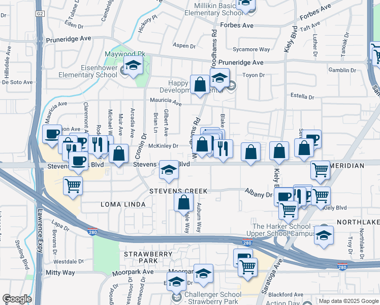 map of restaurants, bars, coffee shops, grocery stores, and more near 40 Woodhams Road in Santa Clara