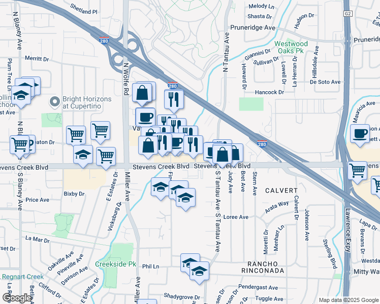 map of restaurants, bars, coffee shops, grocery stores, and more near 19500 Vallco Parkway in Cupertino