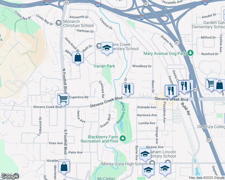 map of restaurants, bars, coffee shops, grocery stores, and more near 10108 Crescent Court in Cupertino
