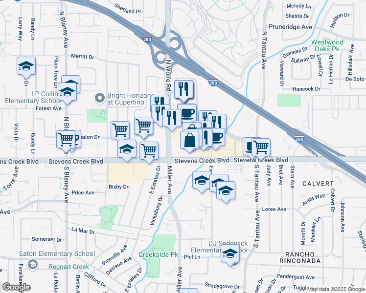map of restaurants, bars, coffee shops, grocery stores, and more near 19700 Vallco Parkway in Cupertino