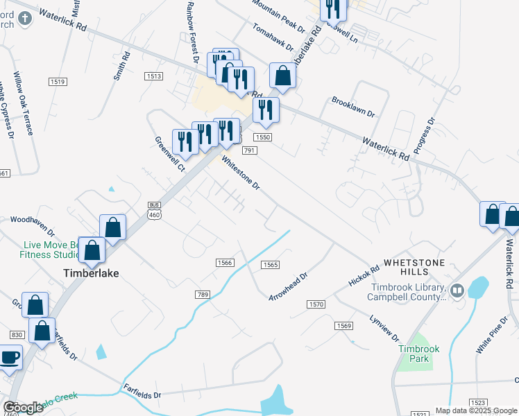 map of restaurants, bars, coffee shops, grocery stores, and more near 45 Bramble Place in Lynchburg