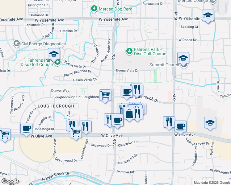 map of restaurants, bars, coffee shops, grocery stores, and more near 3329 Santa Rosa Court in Merced