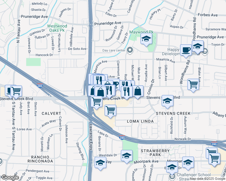 map of restaurants, bars, coffee shops, grocery stores, and more near 92 Claremont Avenue in Santa Clara
