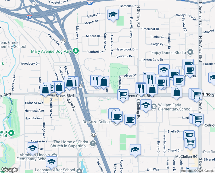 map of restaurants, bars, coffee shops, grocery stores, and more near 10110 Parkwood Drive in Cupertino