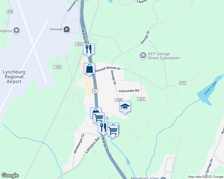 map of restaurants, bars, coffee shops, grocery stores, and more near 212 George Street in Lynchburg