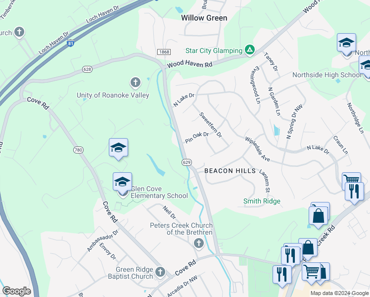 map of restaurants, bars, coffee shops, grocery stores, and more near 3061 Green Ridge Road in Roanoke
