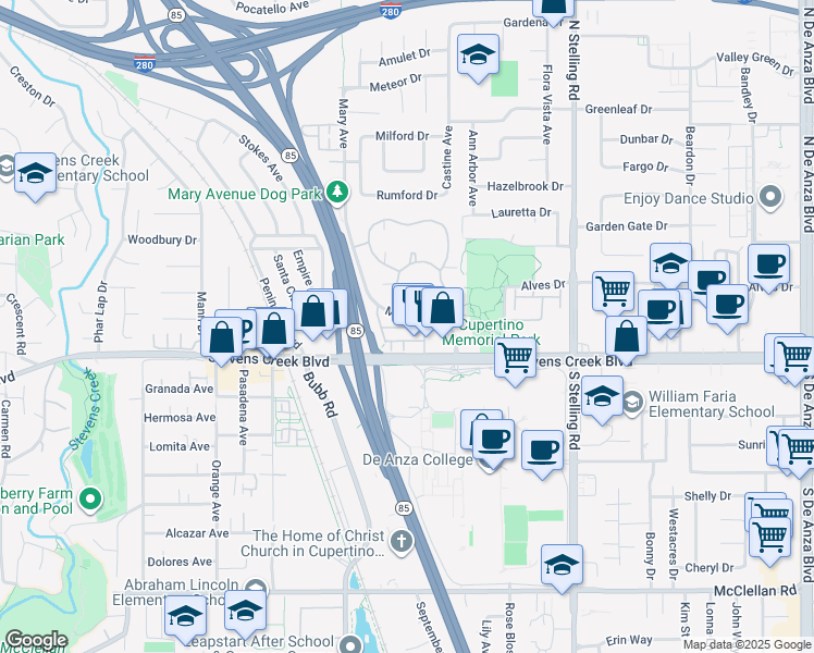 map of restaurants, bars, coffee shops, grocery stores, and more near 21401 Dana Point Lane in Cupertino