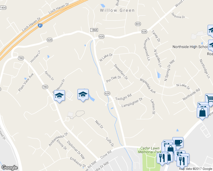 map of restaurants, bars, coffee shops, grocery stores, and more near 3061 Green Ridge Road in Roanoke